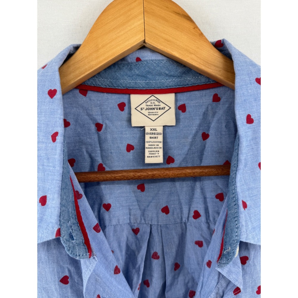 St Johns Bay Womens XXL Oversized Shirt Blue Red Heart Print Cotton Button Down - Picture 3 of 5